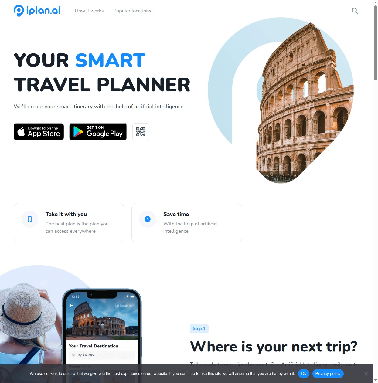 iplan.ai's homepage: app store links and an email box, no web planner