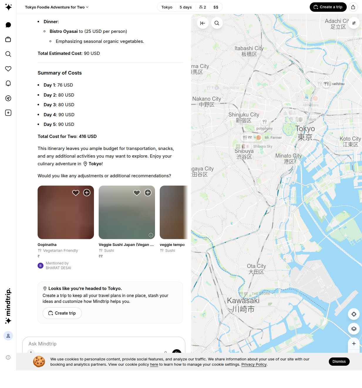 Mindtrip's 5-day Tokyo plan for the brief, with per-person prices and a 416 dollar total for two