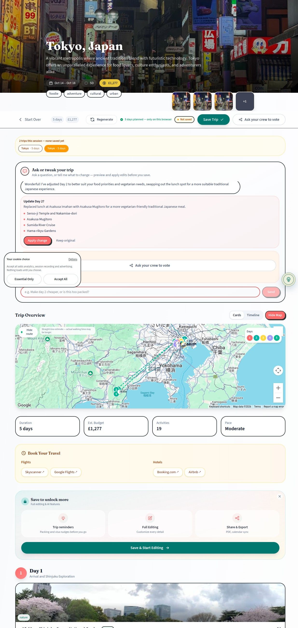 monkeytravel.app's Tokyo plan after the chat tweak: the reply says lunch moved to Asakusa Mugitoro, Day 2 still lists Asakusa Imahan