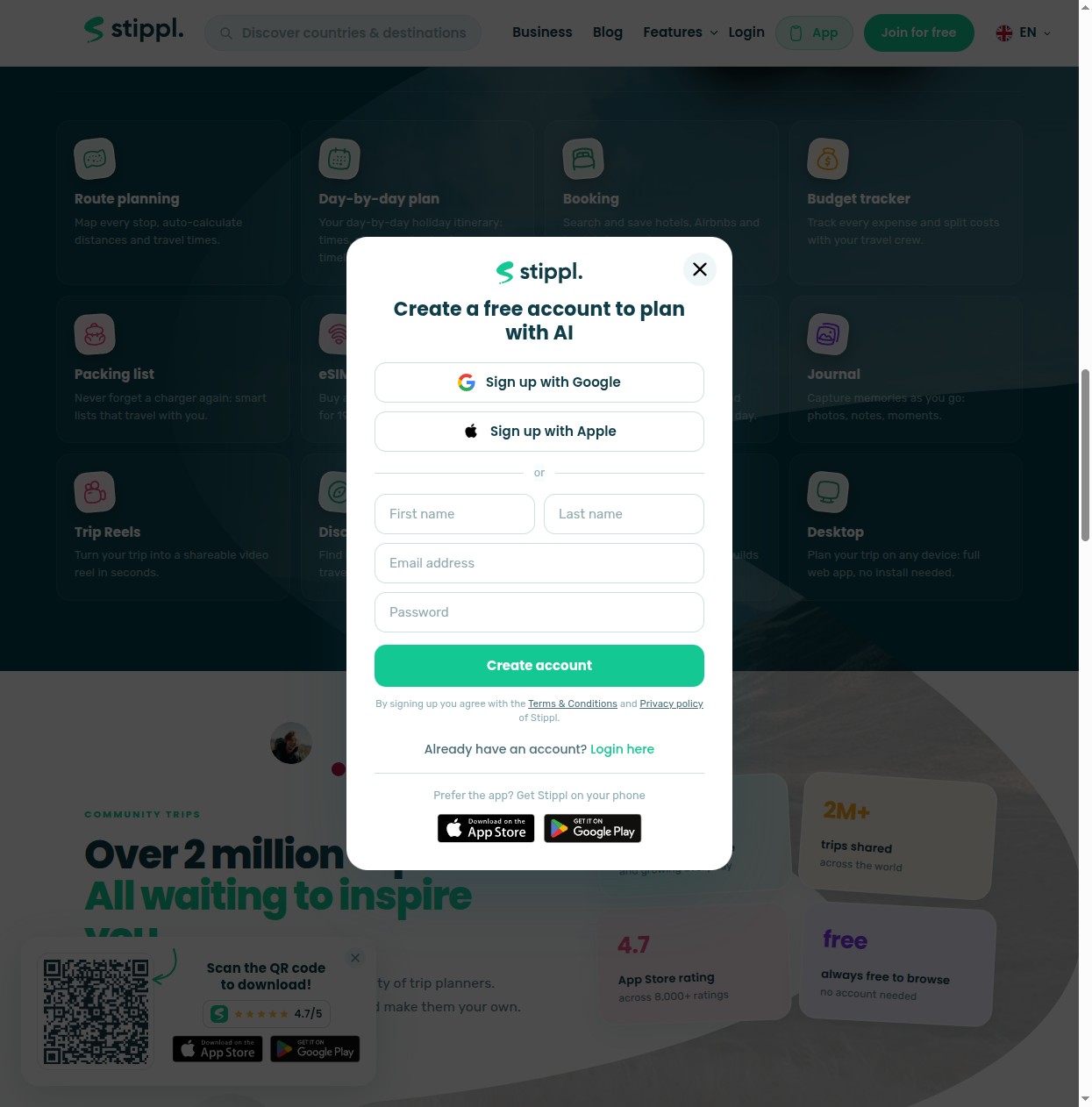 Stippl's homepage after "Plan with AI": a modal over the page, and the planning link pointing at a register page