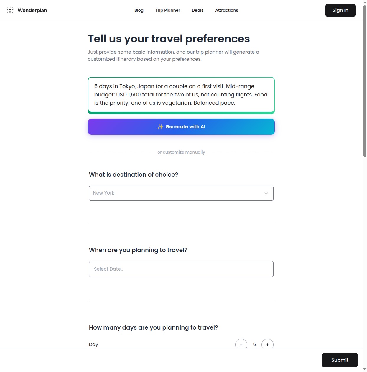 Wonderplan's planner form with the brief typed in and no response after "Generate with AI"