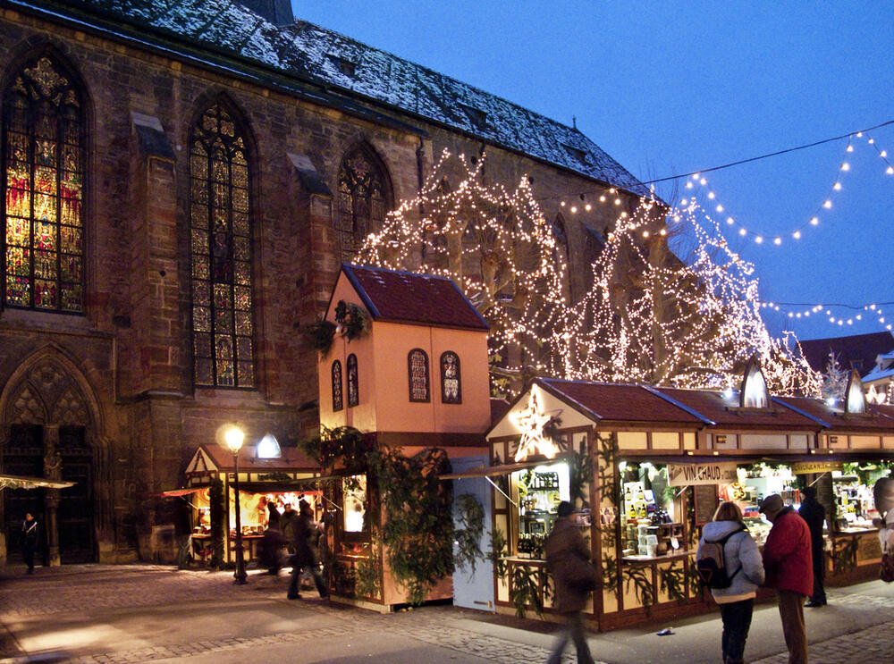 Christmas market stalls in the old town, Colmar