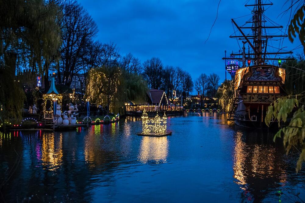 Tivoli Gardens lake lit for Christmas, Copenhagen