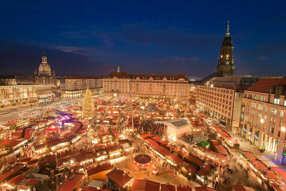 The Striezelmarkt on the Altmarkt at night, Dresden