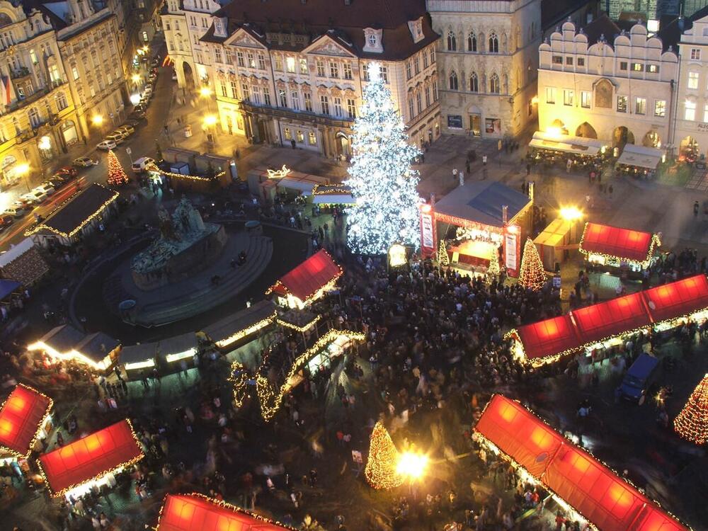 The Old Town Square market from above at night, Prague