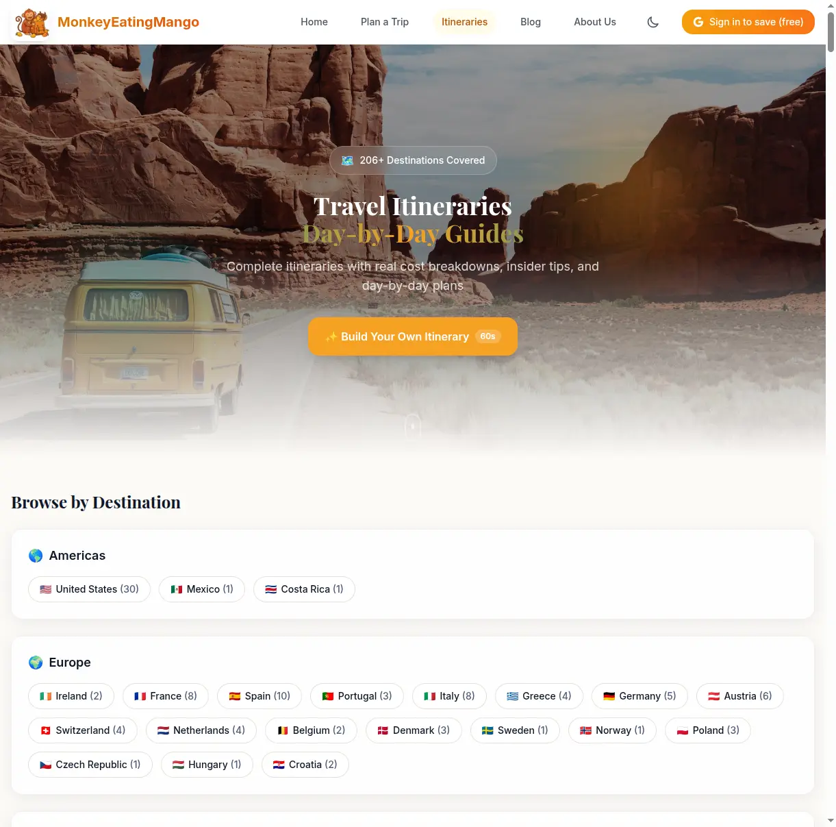 Browse itineraries page organized by continent and country