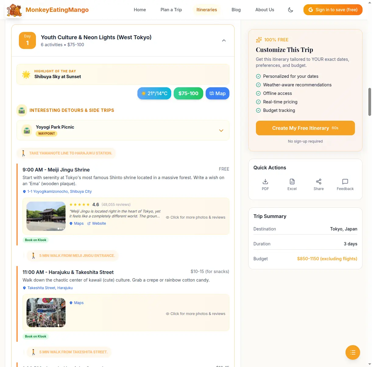 Day-by-day timeline with activities, times, and costs