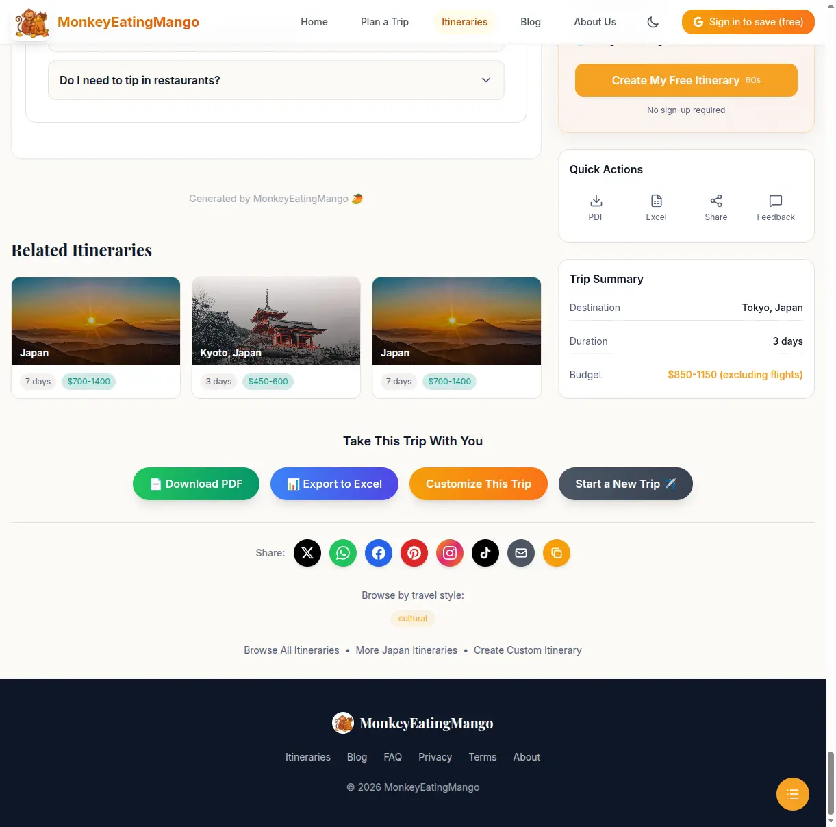 Export options - PDF, Excel, Share, and social media buttons