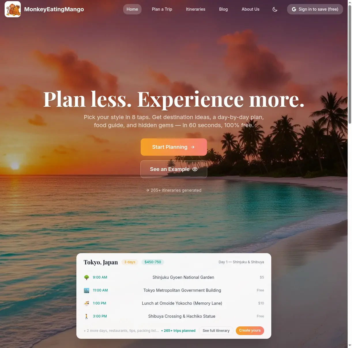 MonkeyEatingMango homepage with Start Planning button