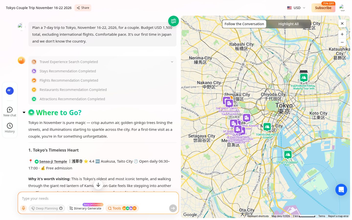 iMean's first answer: the brief, a list of completed searches, the Where to Go section, and a map of Tokyo with pins for attractions and hotels
