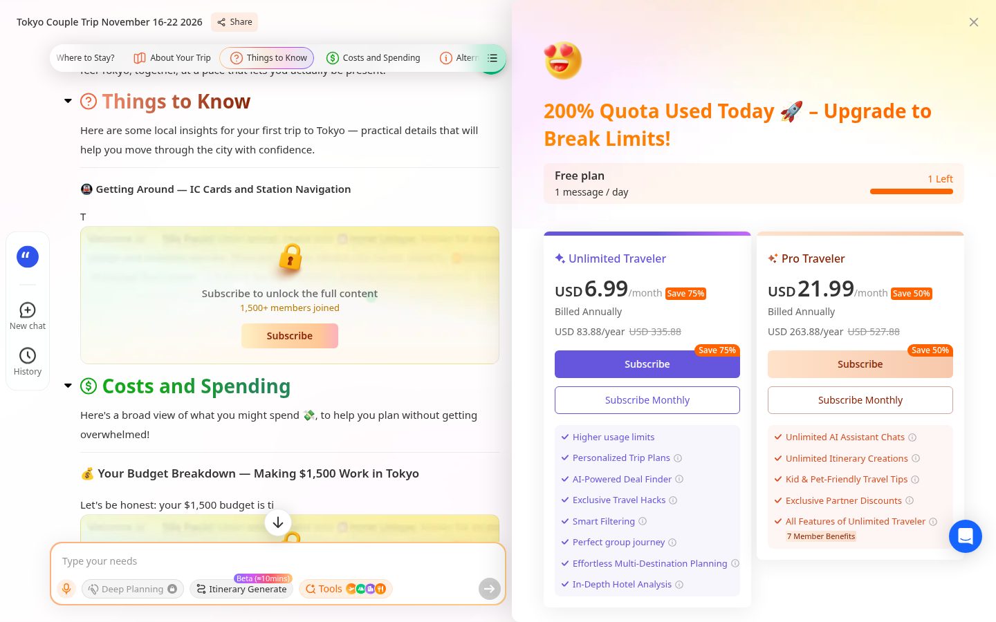 iMean's locked Things to Know section beside its upgrade screen: Free plan 1 message a day, Unlimited Traveler and Pro Traveler prices