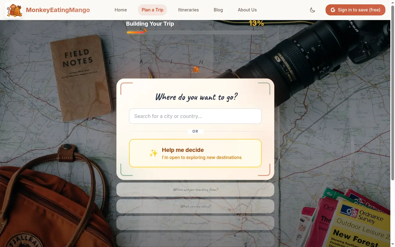 MonkeyEatingMango's 8-question flow — a few taps to a full itinerary