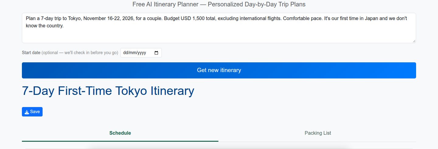Plantrip's single text box with the Tokyo brief typed in, and the plan it returned, titled 7-Day First-Time Tokyo Itinerary