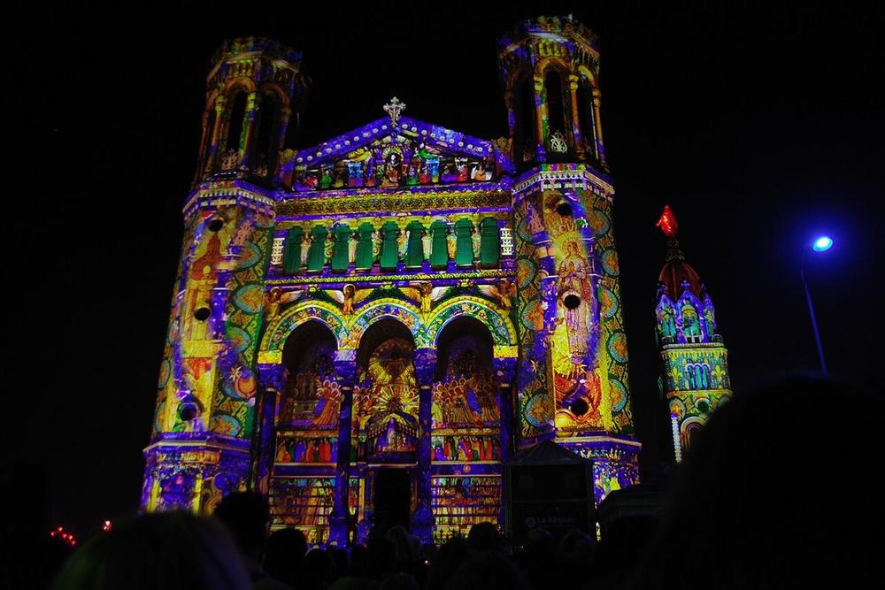 Fourvière basilica during the Fête des Lumières, Lyon