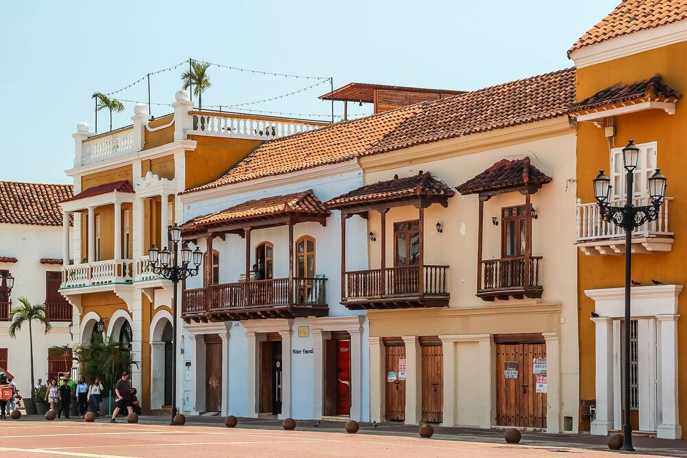Colonial balconies around Plaza de la Aduana in Cartagena's walled city