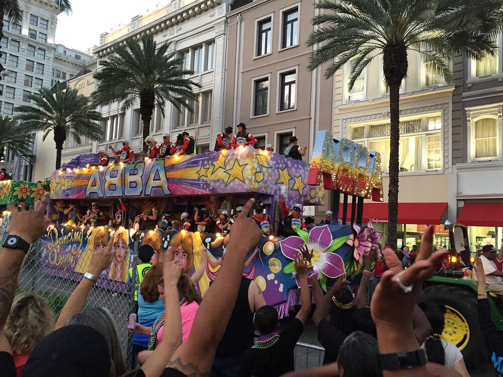A Mardi Gras float rolling down Canal Street, February 2017