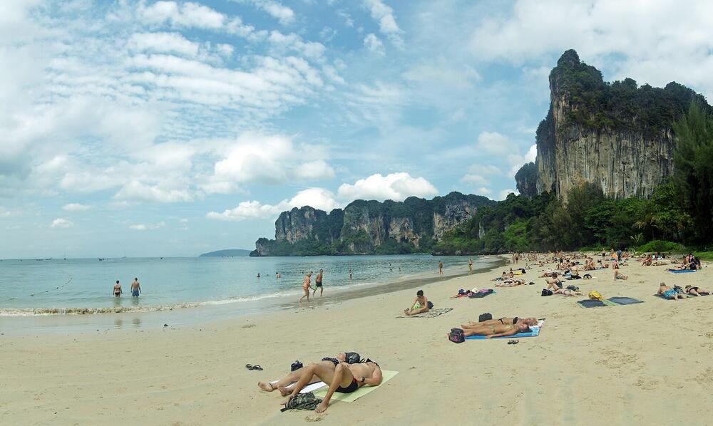 West Railay beach under the limestone cliffs, Krabi, in January
