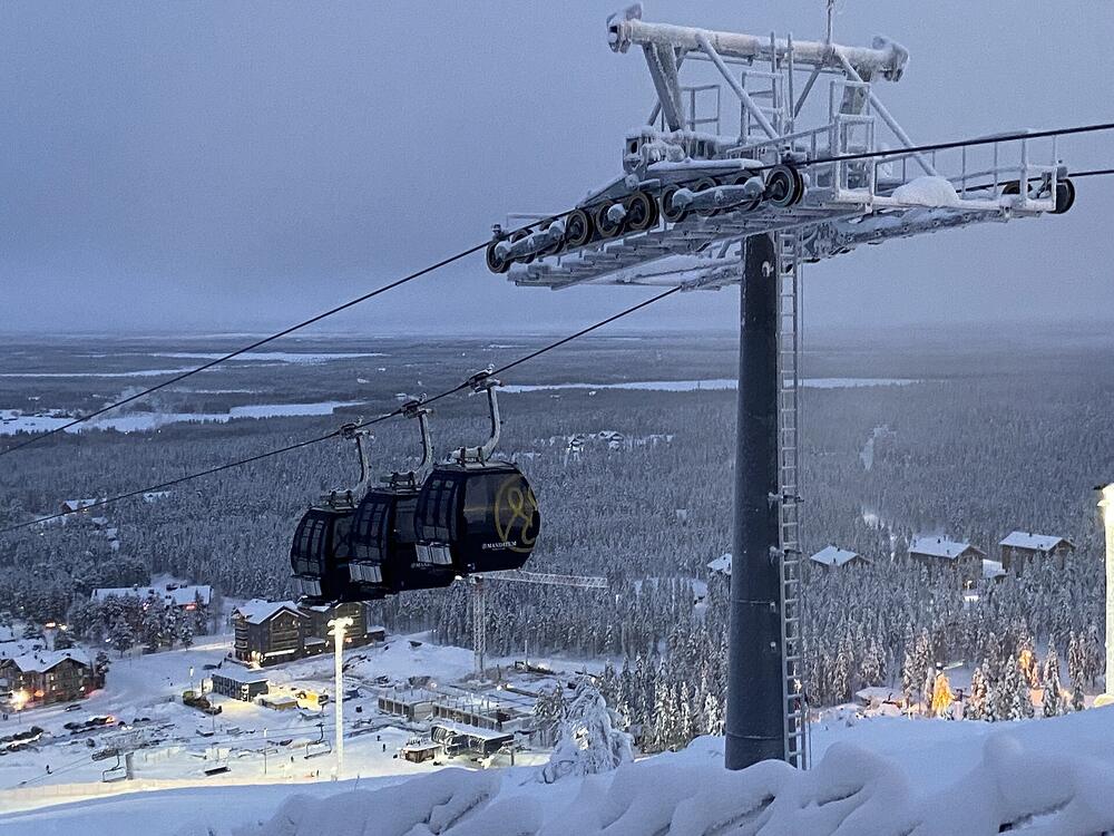 Levi's gondola above the snowbound village of Sirkka in January