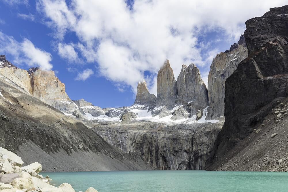 The granite Towers of Paine above their lake, Torres del Paine (31 December)