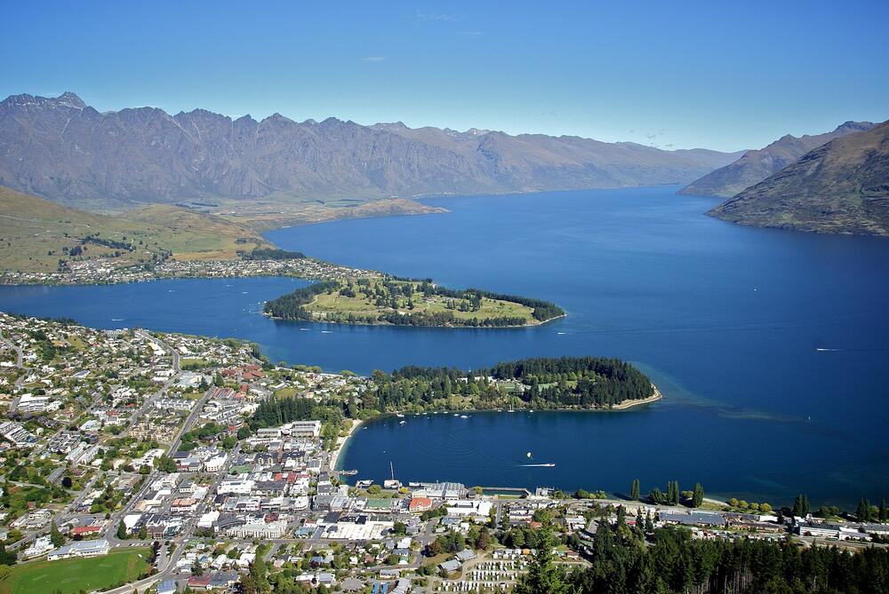 Queenstown and Lake Wakatipu from above, with the Remarkables behind (January)