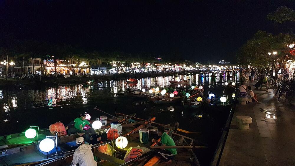 Lantern boats on the river in Hoi An at night, March 2025