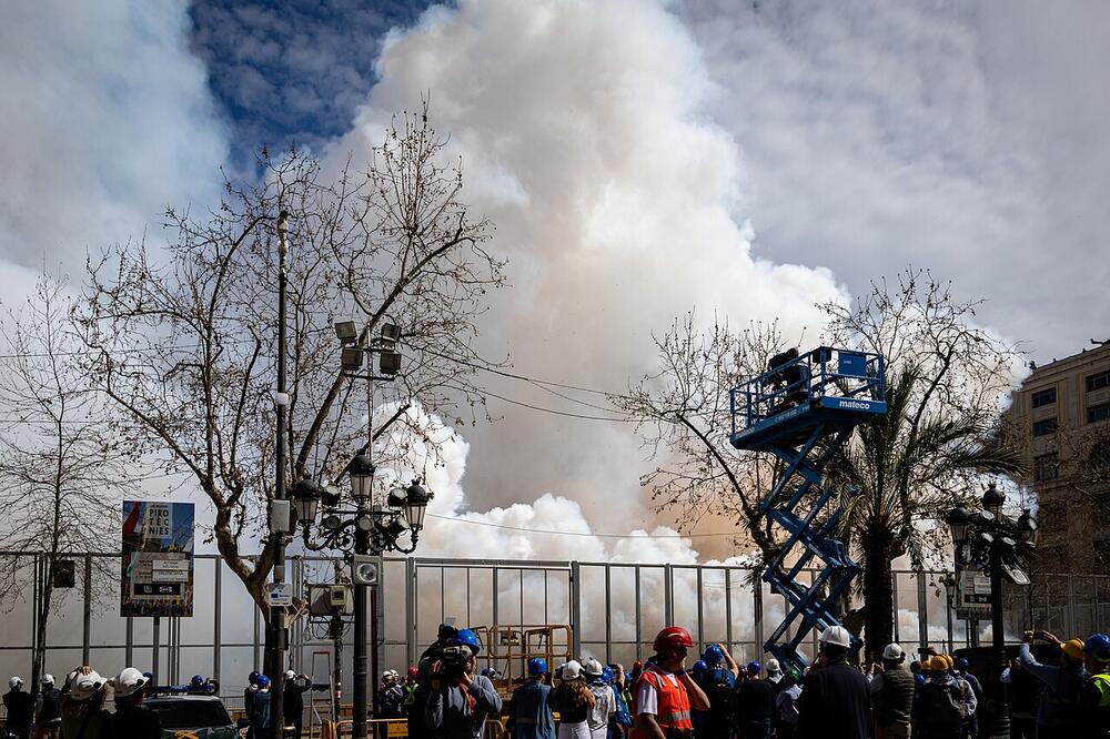 Smoke over Plaza del Ayuntamiento during a Fallas mascletà, 18 March 2023