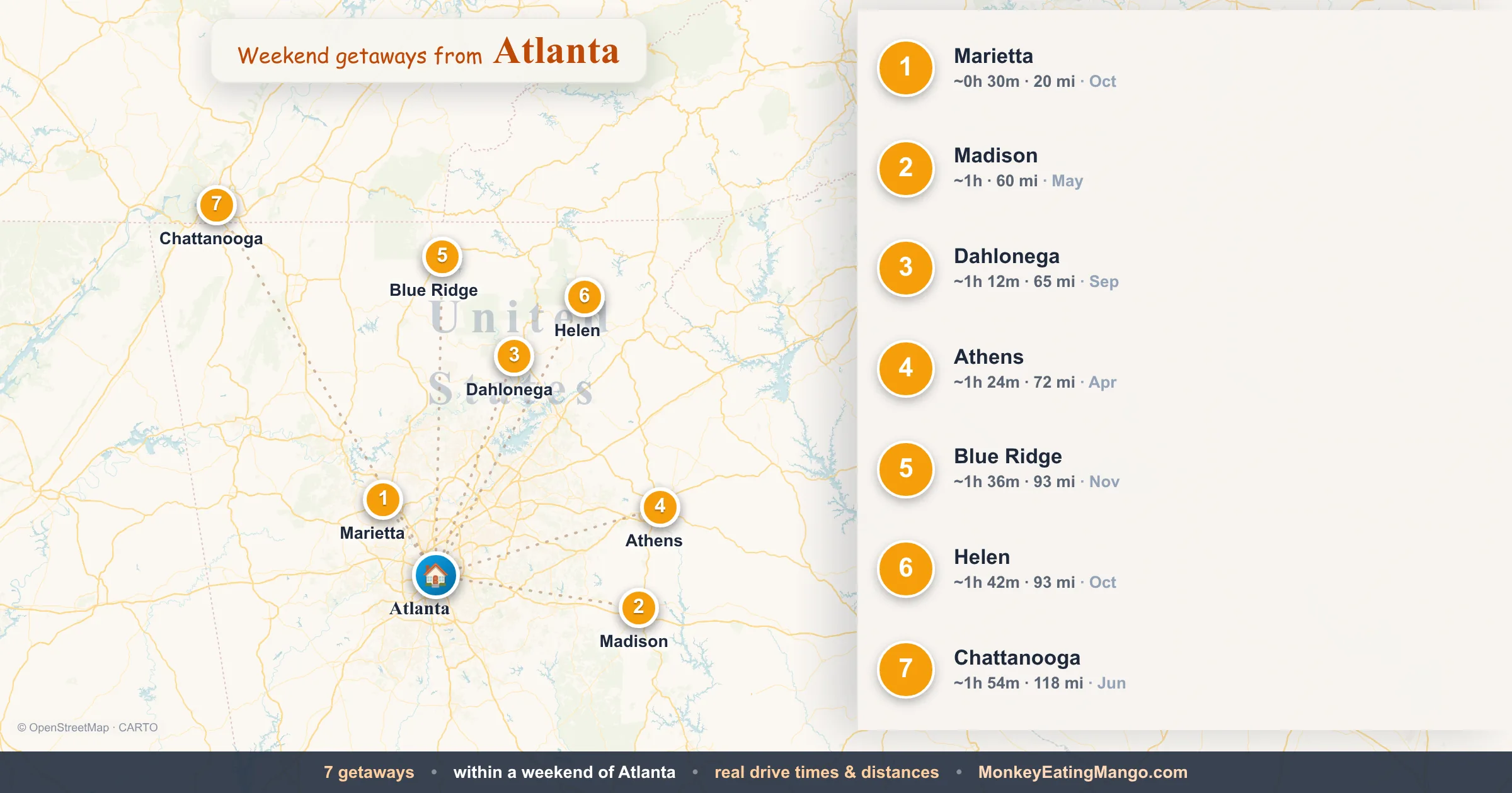 Weekend getaways from Atlanta, mapped by drive time and weekend cost