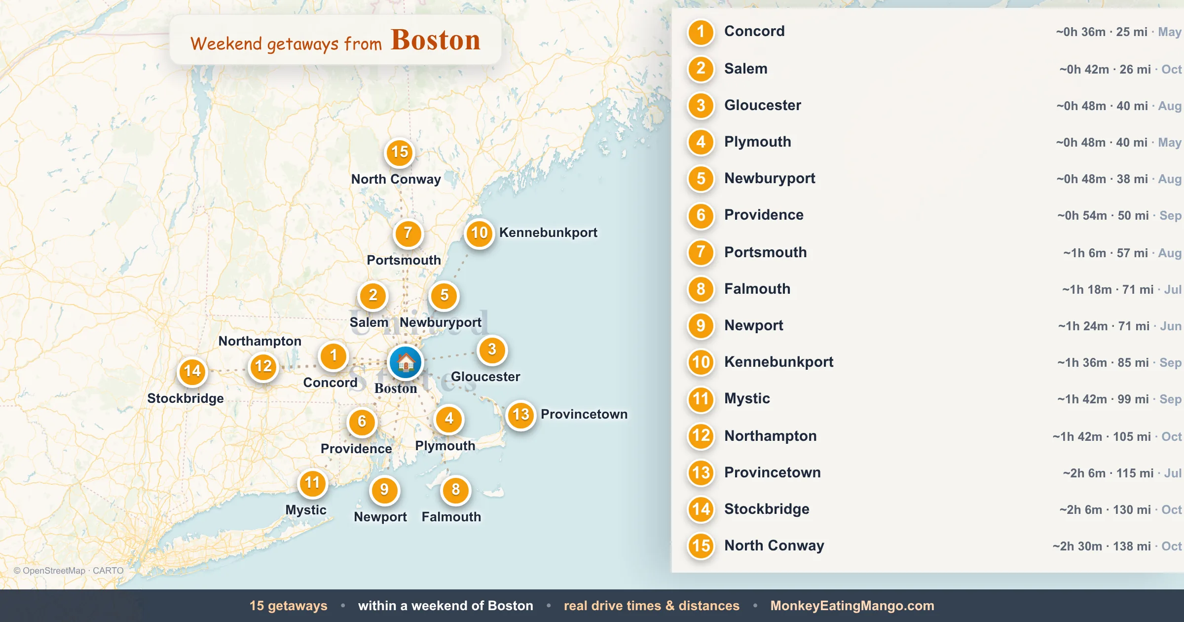 Weekend getaways from Boston, mapped by drive time and weekend cost