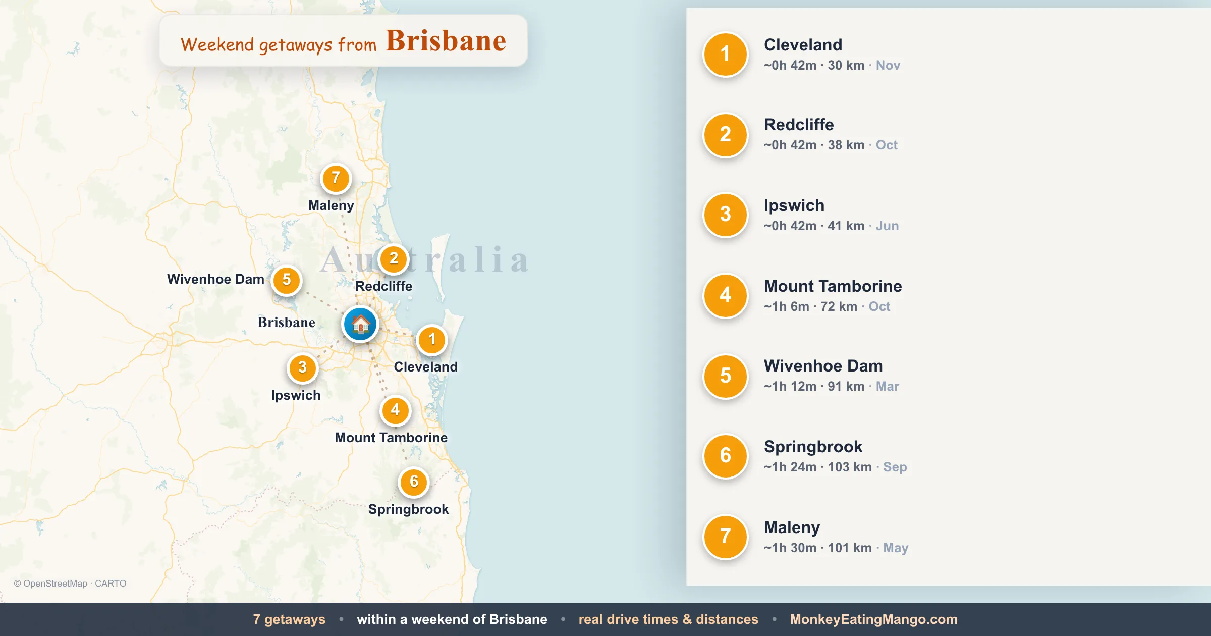 Weekend getaways from Brisbane, mapped by drive time and weekend cost