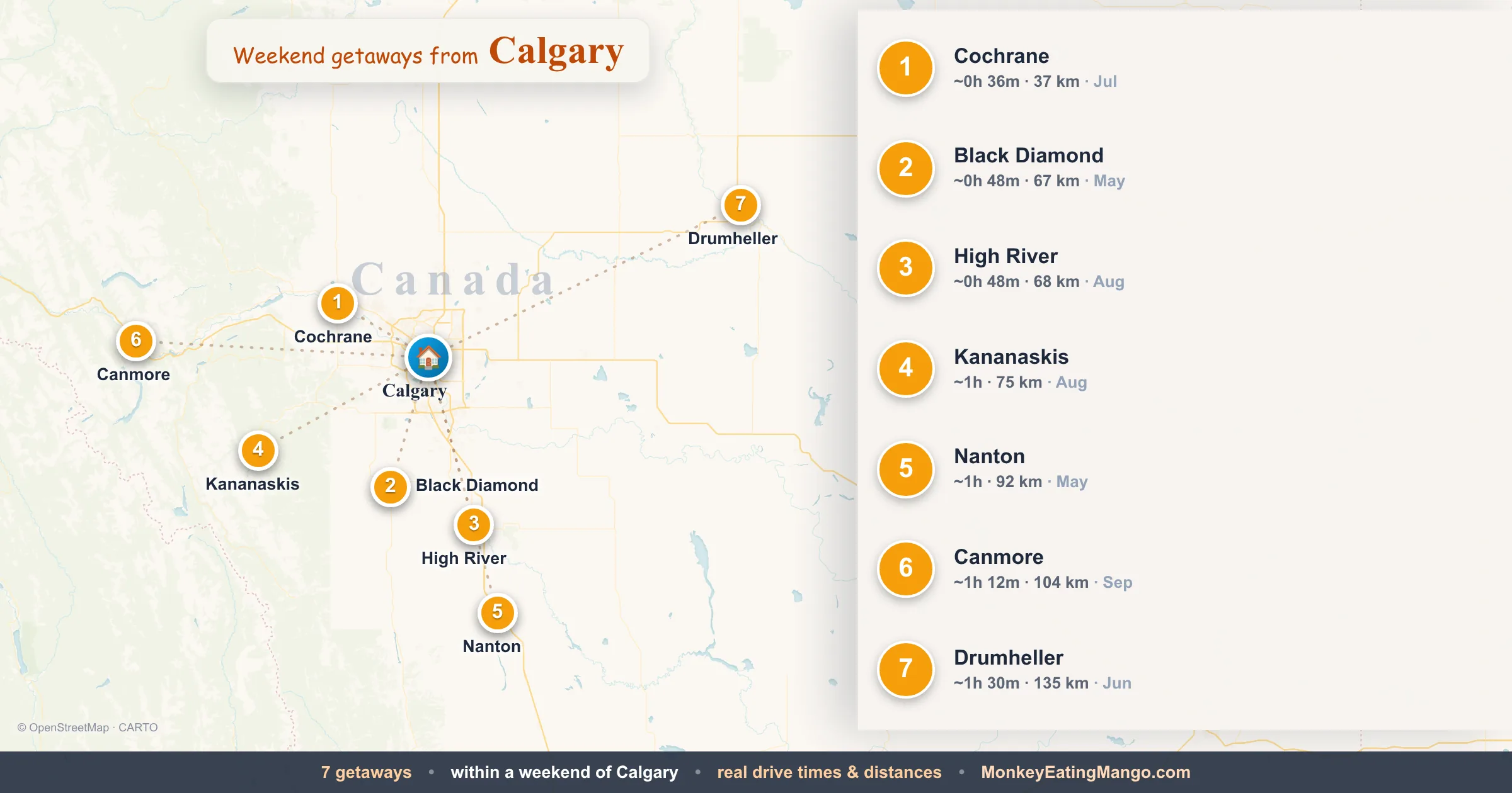 Weekend getaways from Calgary, mapped by drive time and weekend cost