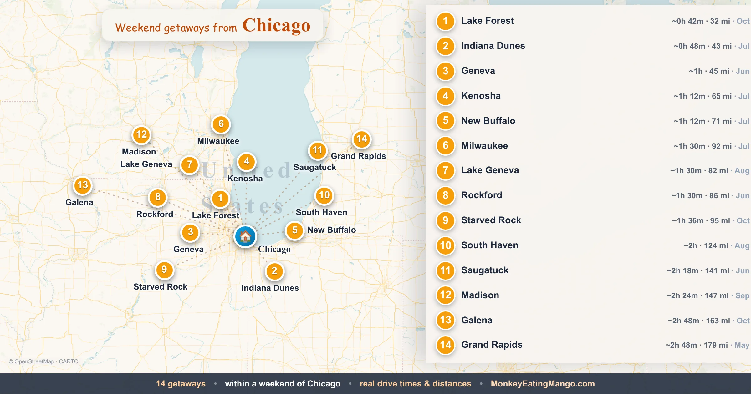 Weekend getaways from Chicago, mapped by drive time and weekend cost