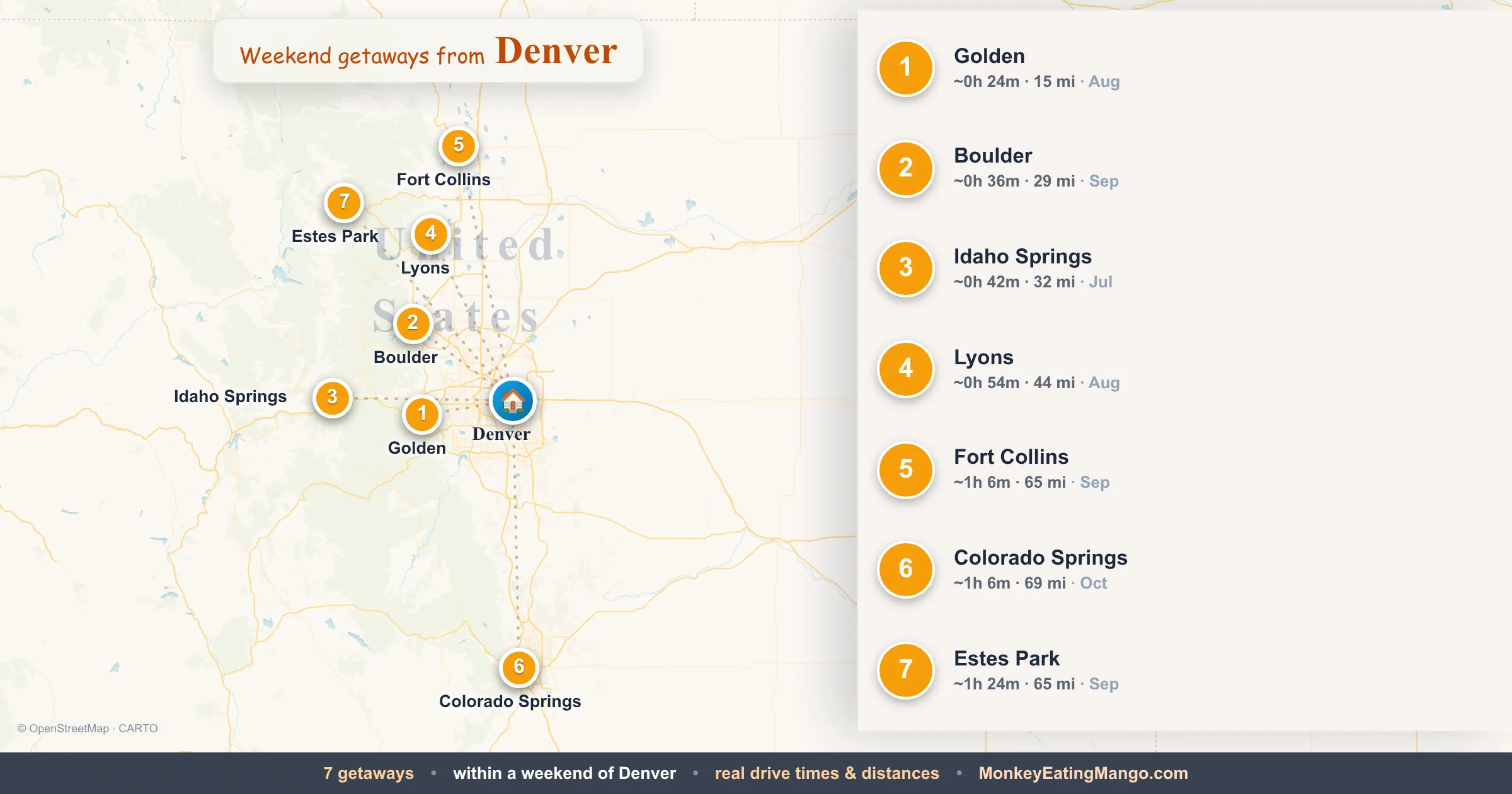 Weekend getaways from Denver, mapped by drive time and weekend cost