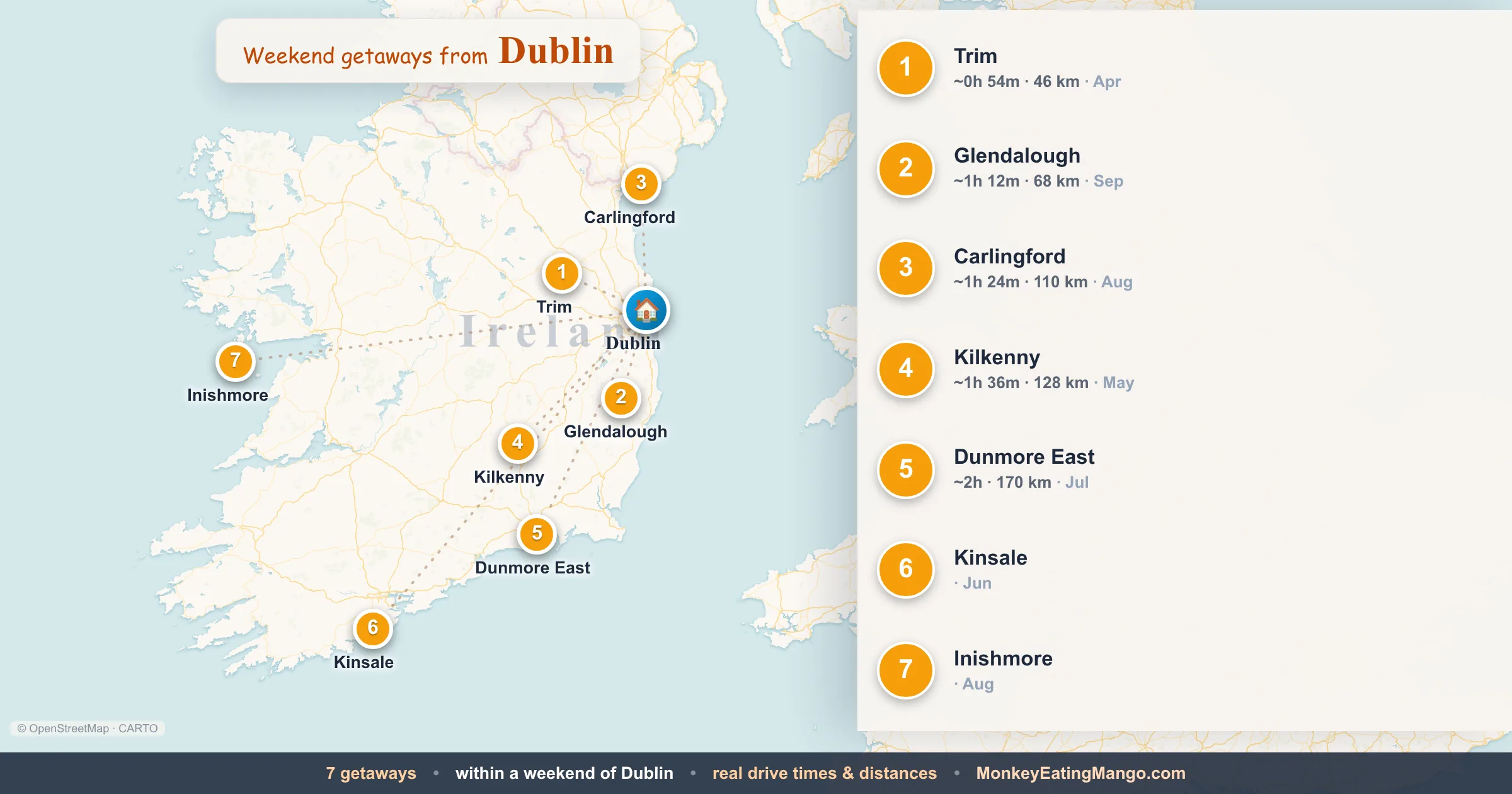 Weekend getaways from Dublin, mapped by drive time and weekend cost