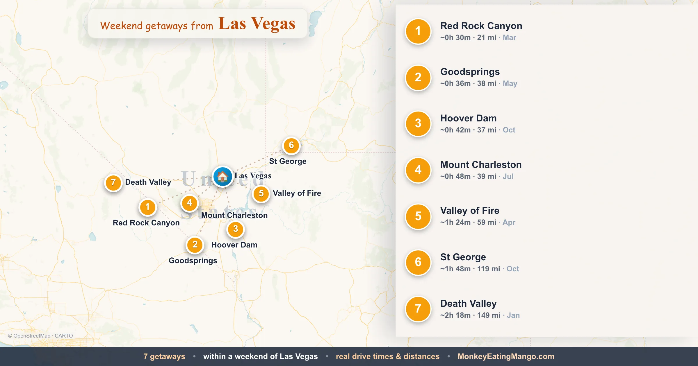 Weekend getaways from Las Vegas, mapped by drive time and weekend cost