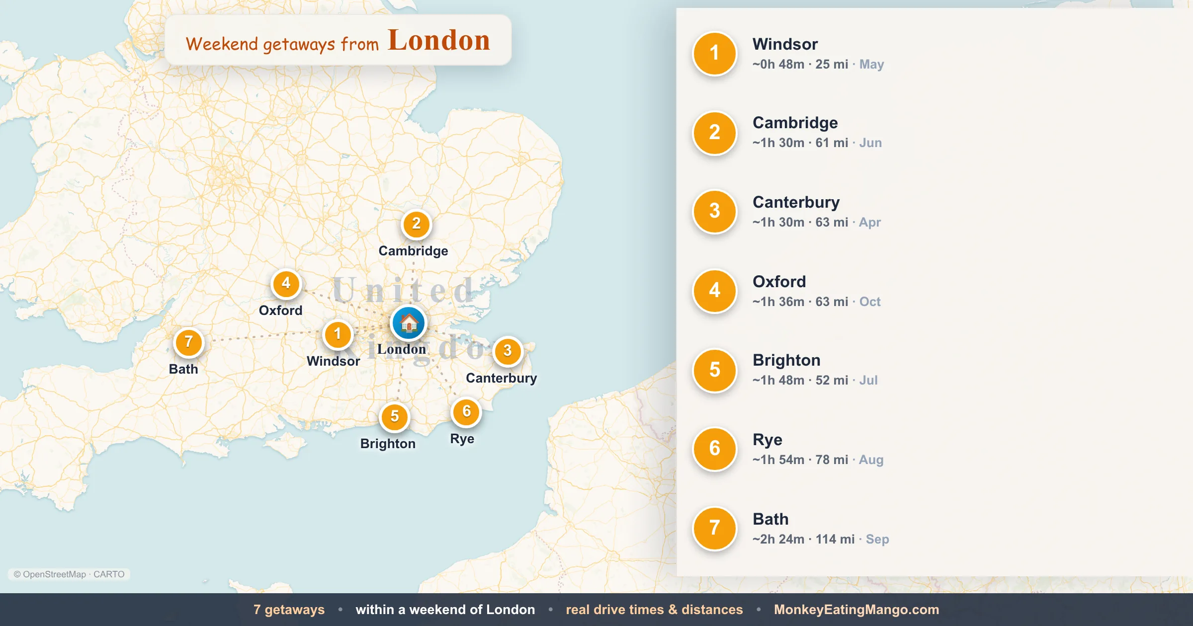 Weekend getaways from London, mapped by drive time and weekend cost