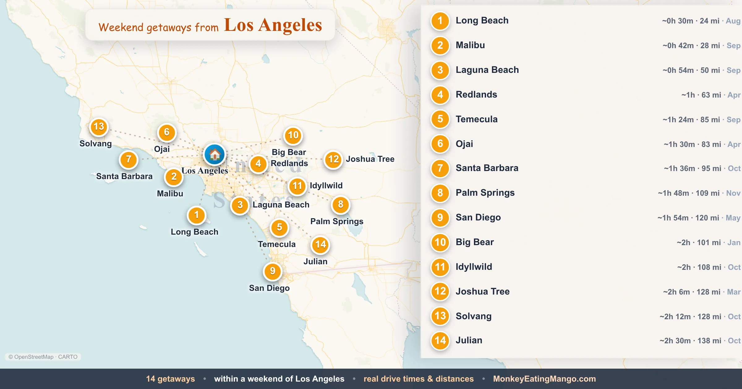 Weekend getaways from Los Angeles, mapped by drive time and weekend cost