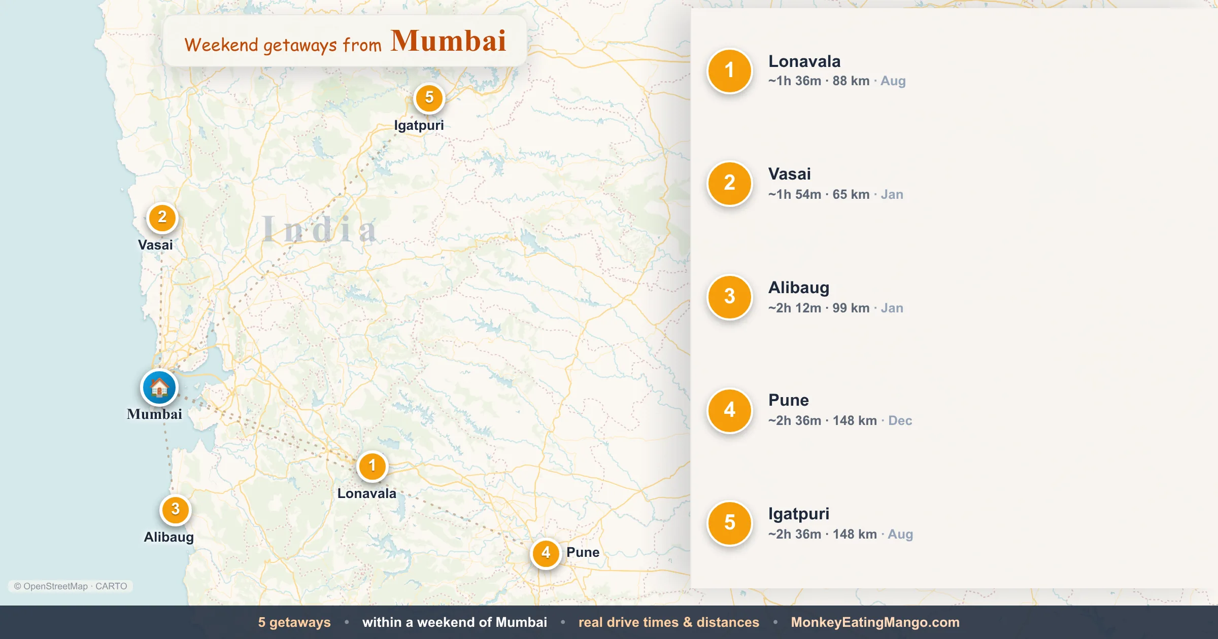 Weekend getaways from Mumbai, mapped by drive time and weekend cost