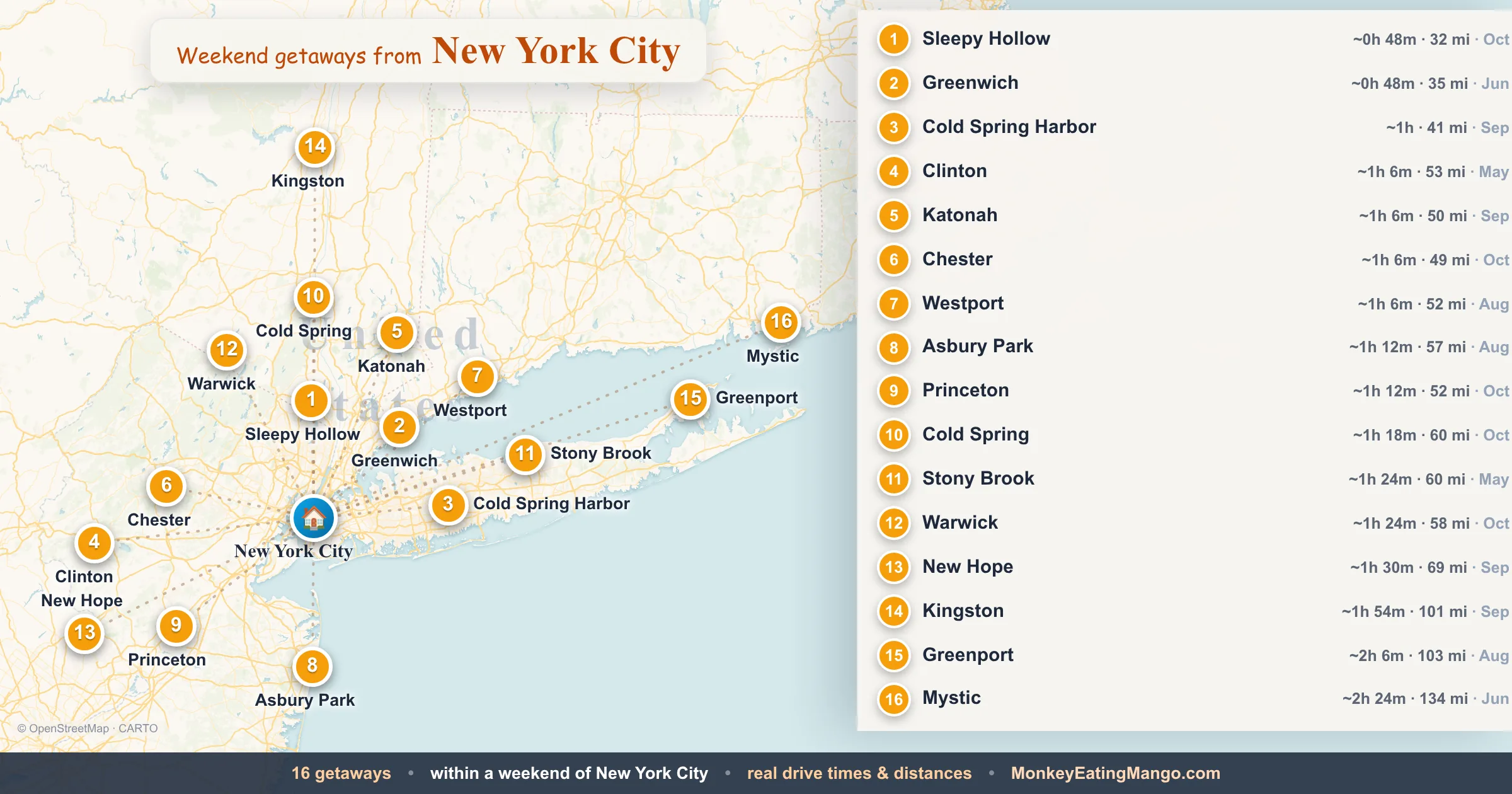 Weekend getaways from New York City, mapped by drive time and weekend cost
