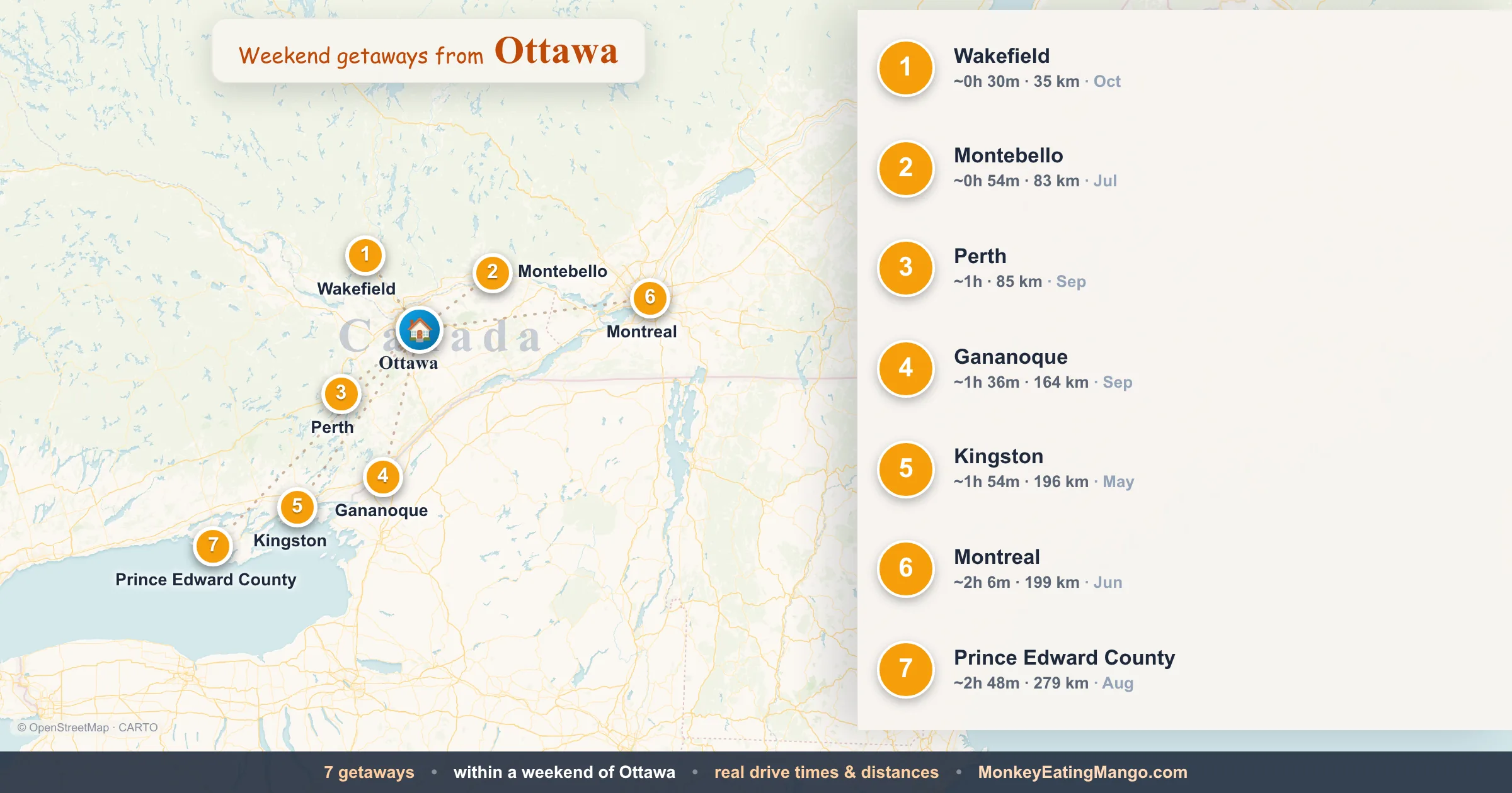 Weekend getaways from Ottawa, mapped by drive time and weekend cost