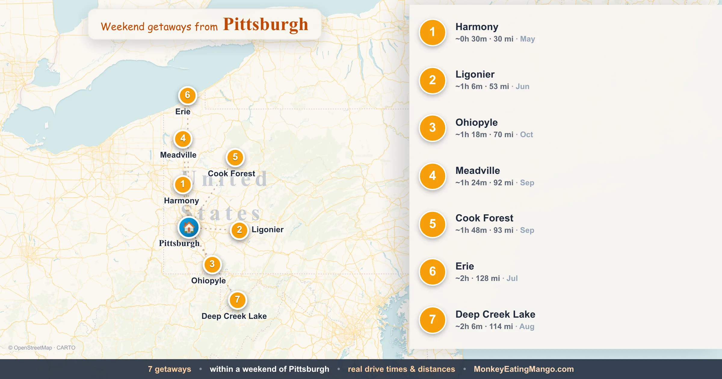 Weekend getaways from Pittsburgh, mapped by drive time and weekend cost