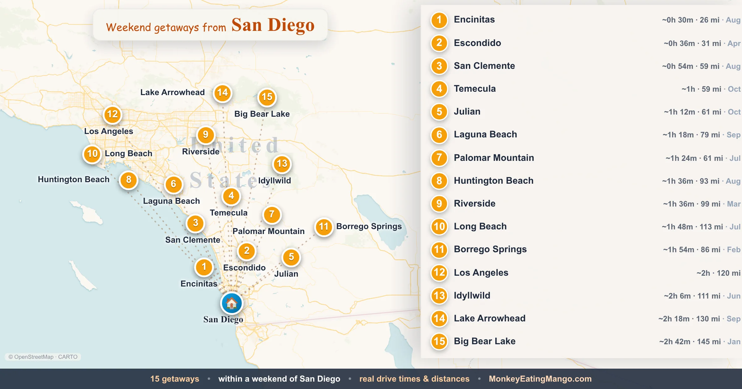 Weekend getaways from San Diego, mapped by drive time and weekend cost