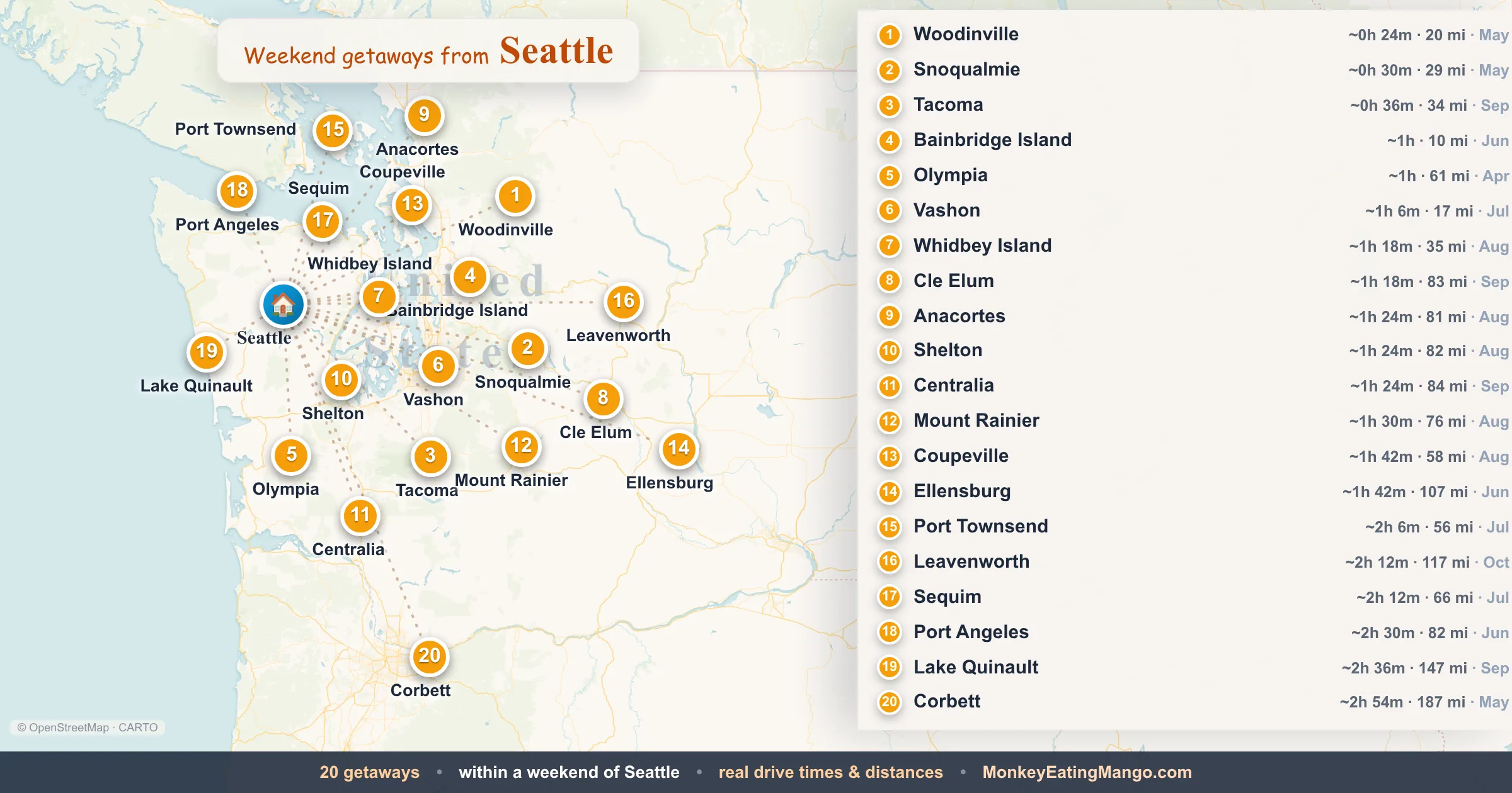 Weekend getaways from Seattle, mapped by drive time and weekend cost