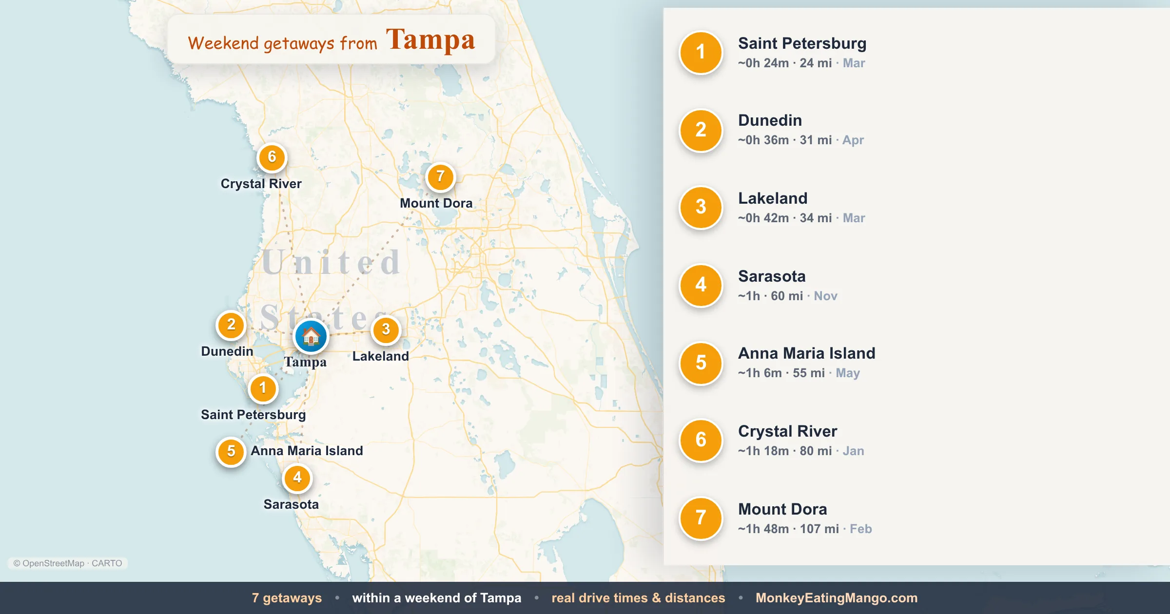Weekend getaways from Tampa, mapped by drive time and weekend cost