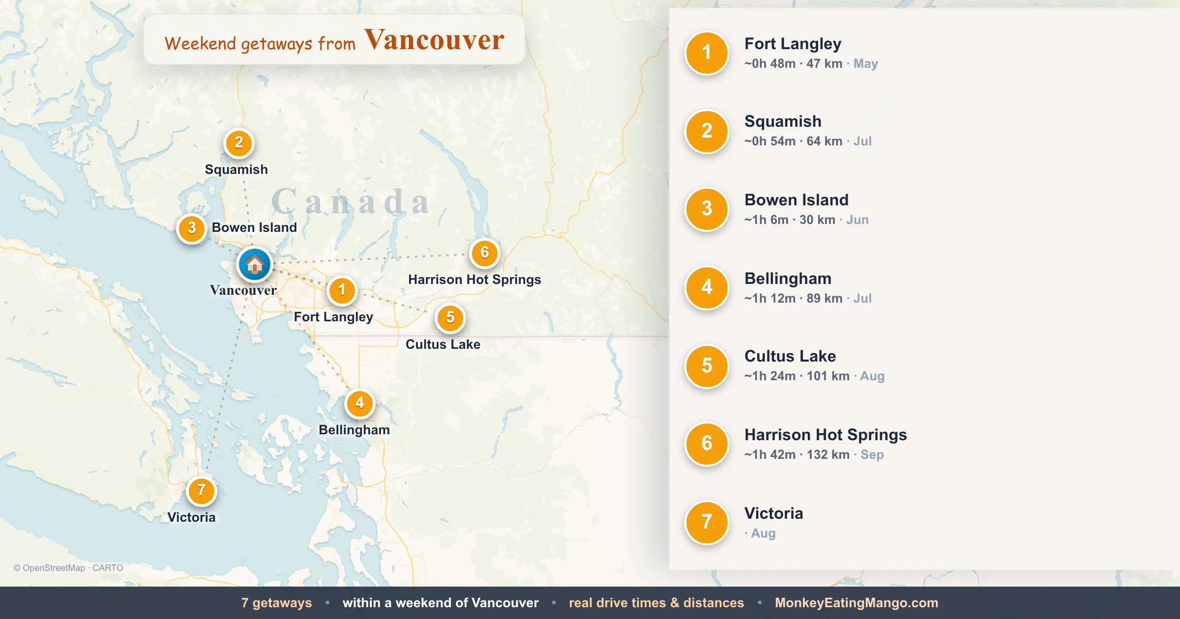 Weekend getaways from Vancouver, mapped by drive time and weekend cost