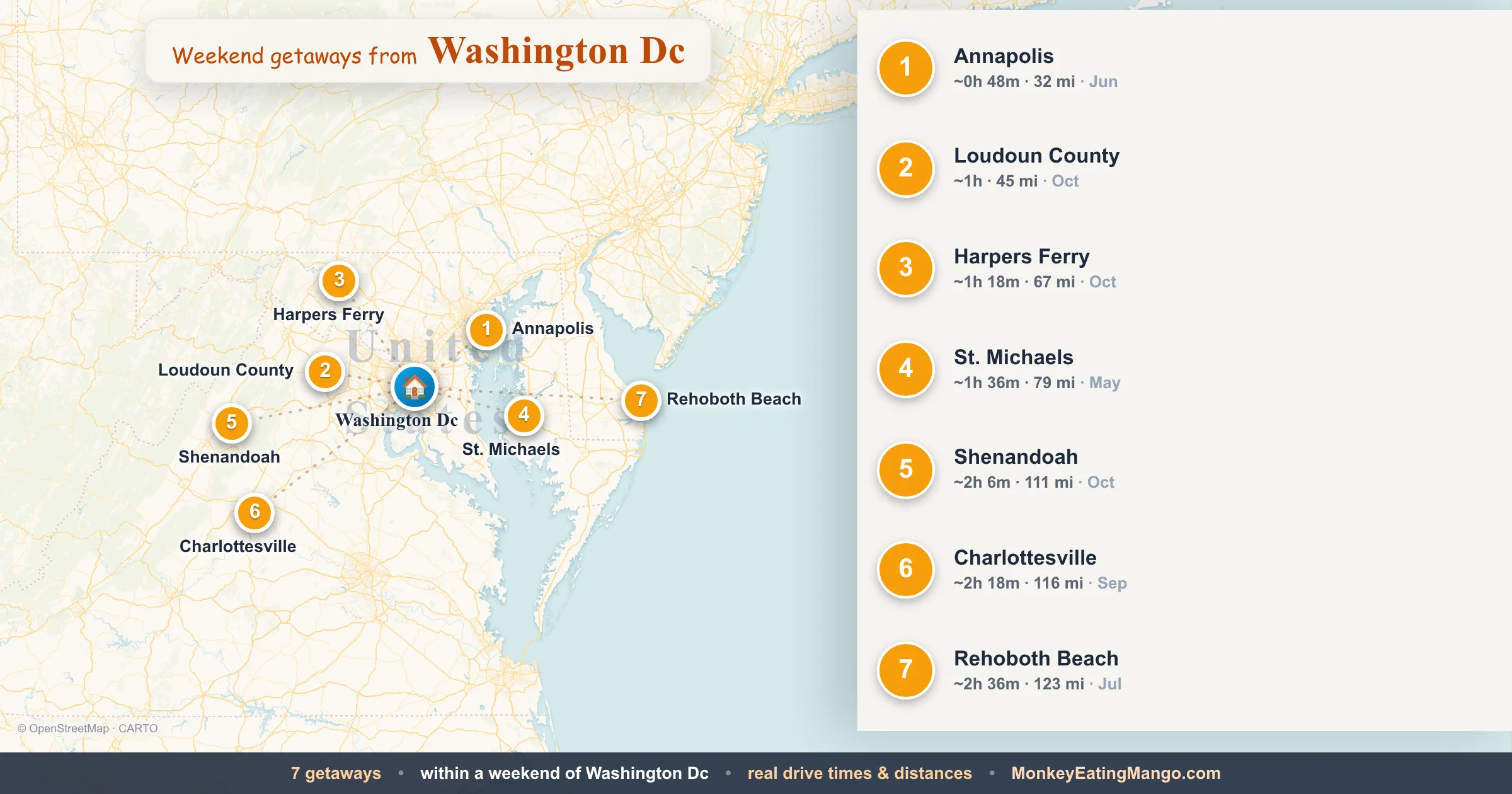 Weekend getaways from Washington Dc, mapped by drive time and weekend cost