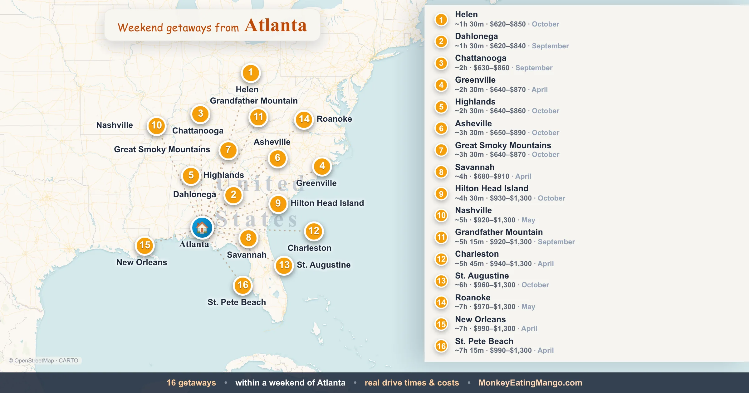 Weekend getaways from Atlanta, mapped by drive time and weekend cost