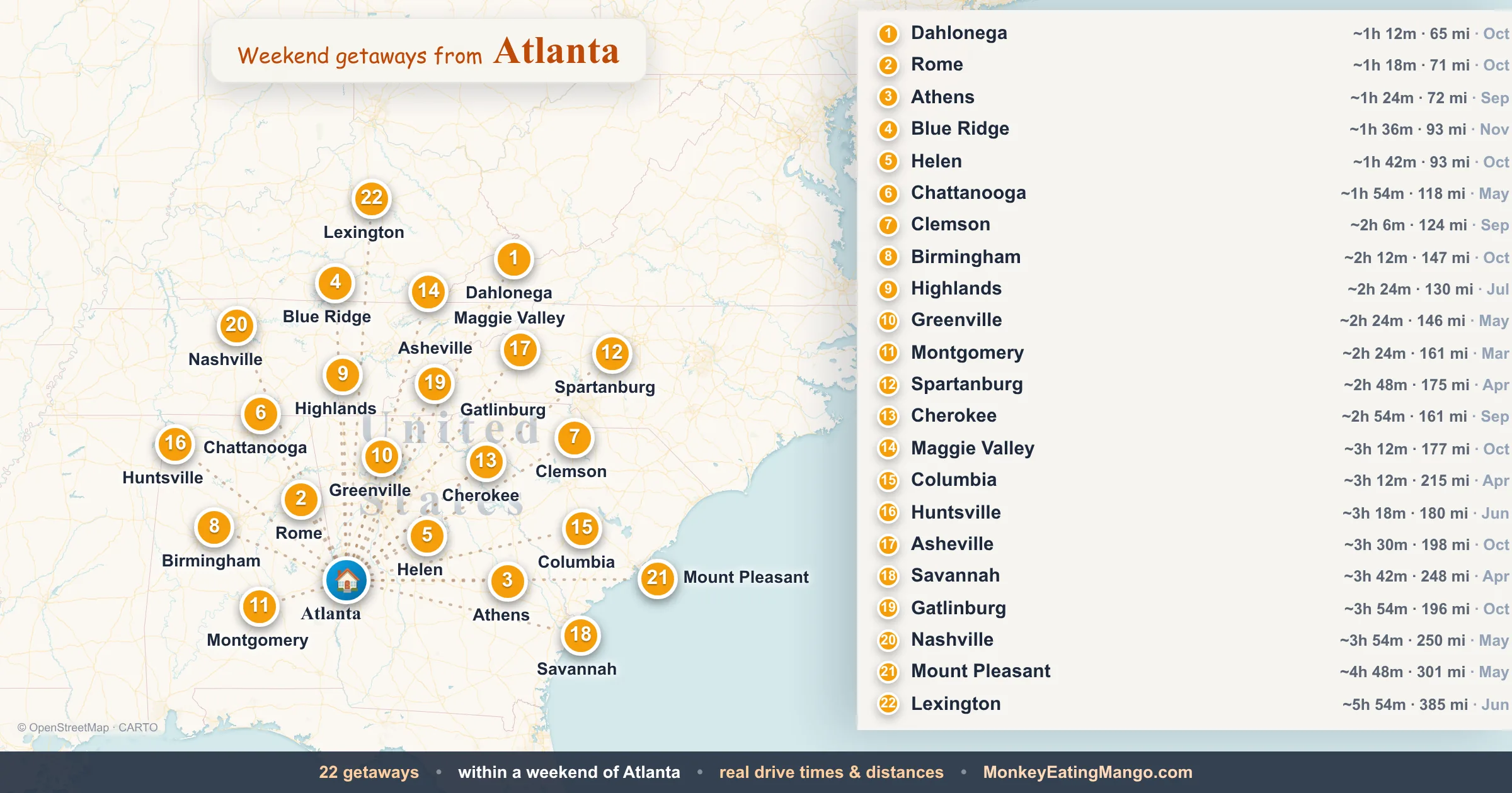 Weekend getaways from Atlanta, mapped by drive time and weekend cost