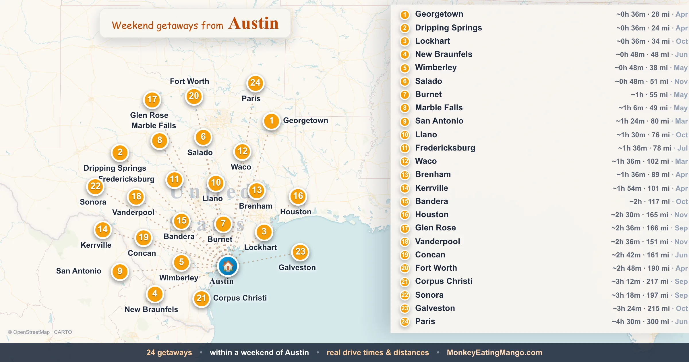 Weekend getaways from Austin, mapped by drive time and weekend cost