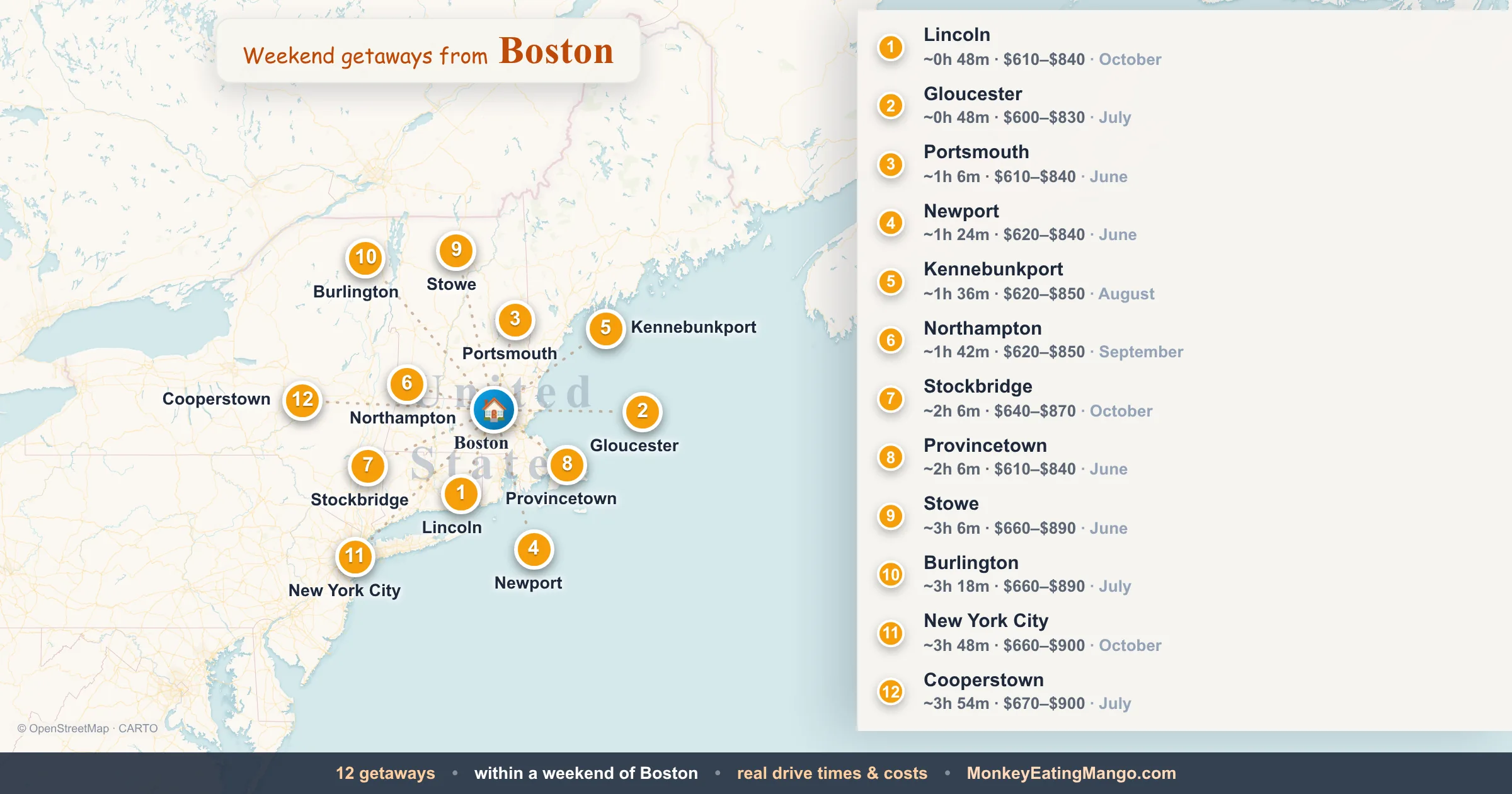 Weekend getaways from Boston, mapped by drive time and weekend cost