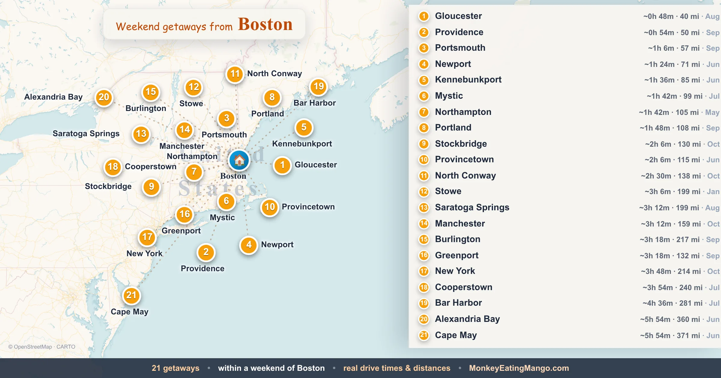 Weekend getaways from Boston, mapped by drive time and weekend cost